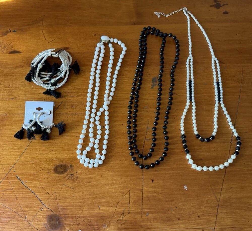 Boho Jewelry Set Neutral Beaded Necklace Bracelet Tassel Bundle Black White